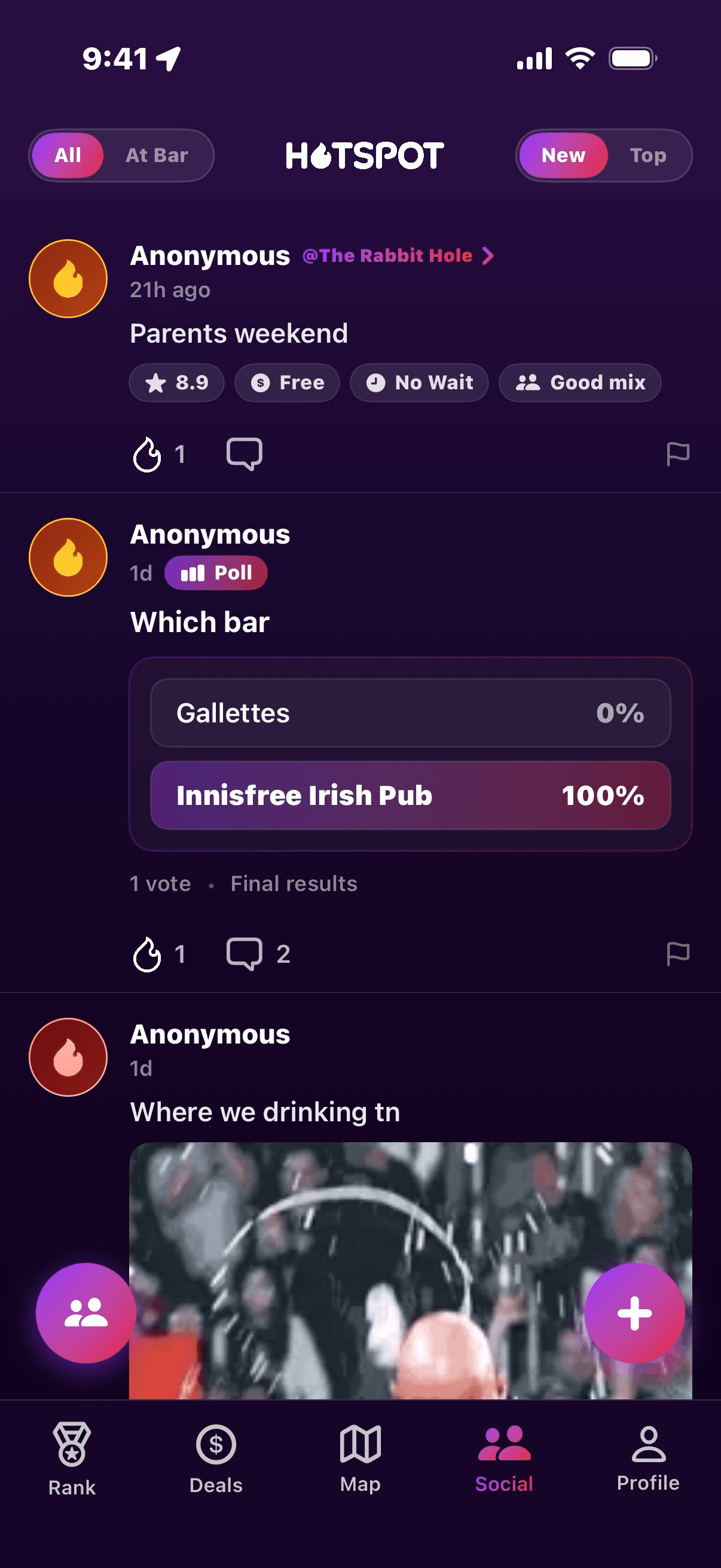 HotSpot social feed showing live bar posts